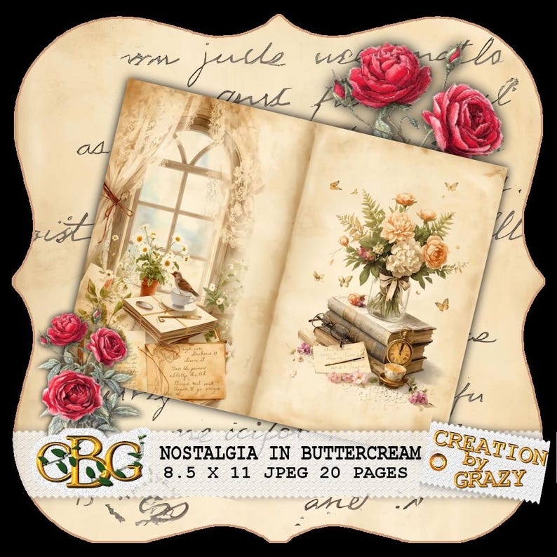 K&ouml;nnte beinhalten: Digitaler Kunstdruck mit dem Titel "Nostalgia in Buttercream" mit offenen Seiten mit Vintage-Illustrationen. Das Kunstwerk umfasst Rosen, eine Fensterszene und ein Blumenarrangement. Der Druck misst 21,6 x 27,9 cm.