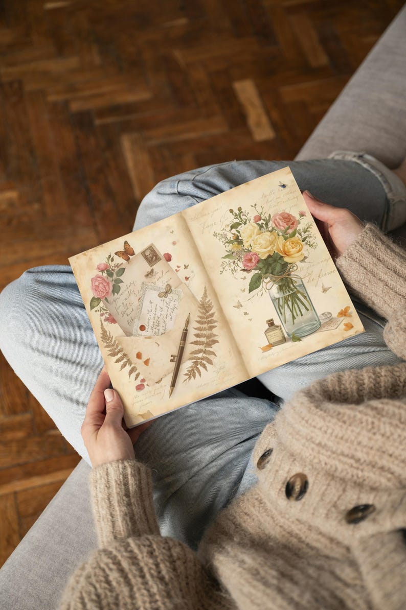 K&ouml;nnte beinhalten: Ein offenes Journal mit Illustrationen im Vintage-Stil. Eine Seite zeigt einen Strau&szlig; gelber und rosa Rosen in einem Glas. Die andere Seite zeigt einen Umschlag mit einer Briefmarke, einem Stift und botanischen Elementen. Das Journal wird von einer Person gehalten, die einen beigen Pullover tr&auml;gt.