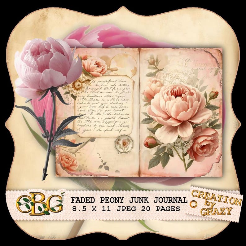 May include: A vintage-style junk journal with a faded peony theme. The journal features a large pink peony flower and a spread with floral illustrations and handwritten text. The text on the journal reads "FADED PEONY JUNK JOURNAL 21.6 x 27.9 cm JPEG 20 PAGES".