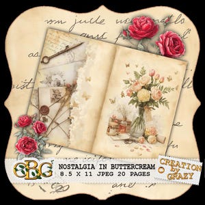 K&ouml;nnte beinhalten: Ein offenes Buch im Vintage-Stil mit Illustrationen von Rosen, Schmetterlingen und einem Blumenarrangement. Die Seiten haben einen cremefarbenen Hintergrund mit handschriftlichem Schriftzug. Das Buch tr&auml;gt den Titel "Nostalgia in Buttercream" und misst 21,59 x 27,94 cm.