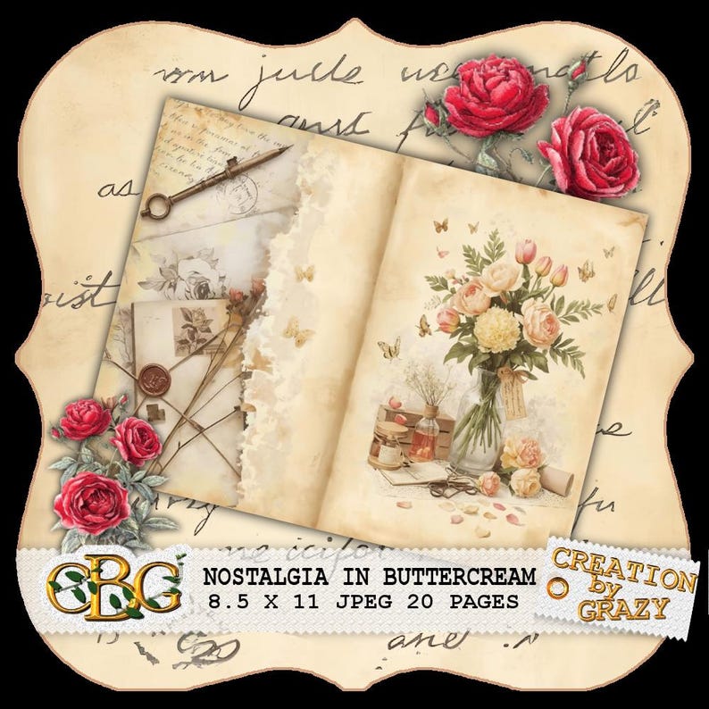 K&ouml;nnte beinhalten: Ein offenes Buch im Vintage-Stil mit Illustrationen von Rosen, Schmetterlingen und einem Blumenarrangement. Die Seiten haben einen cremefarbenen Hintergrund mit handschriftlichem Schriftzug. Das Buch tr&auml;gt den Titel "Nostalgia in Buttercream" und misst 21,59 x 27,94 cm.