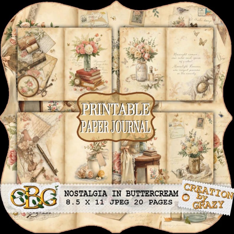 K&ouml;nnte beinhalten: Ein digitales, druckbares Papierjournal mit Vintage-&Auml;sthetik. Die Seiten zeigen Blumenarrangements, Schmetterlinge und antike Elemente. Der Text "Printable Paper Journal" ist prominent dargestellt. Das Journal ist 21,59 x 27,94 cm gro&szlig; und hat 20 Seiten.