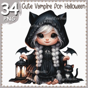 Gothic Girl Gnome Digital Clipart, Vintage Puppen Clipart, Gruselige Puppe Vibes PNG, Horror Charakter, Vampir PNG, Horror PNG, Süßes Halloween