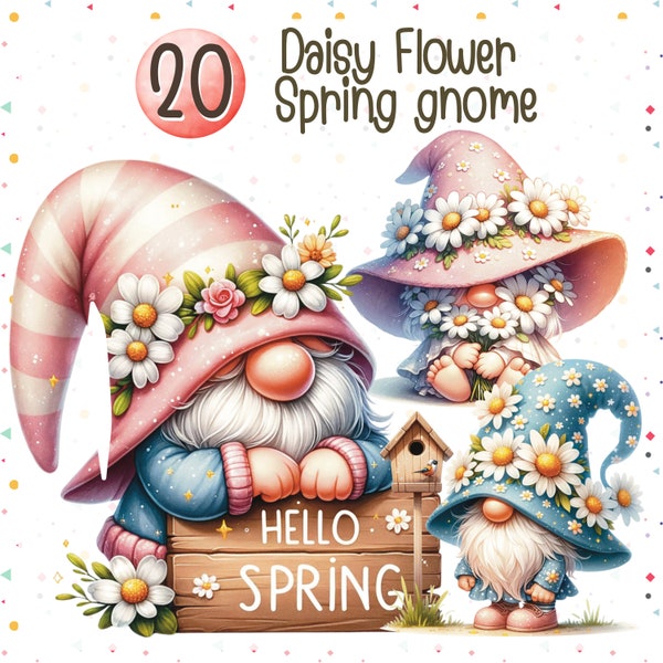 Watercolor Spring Gnomes PNG, Daisy Spring gnomes, Spring gnomes, spring Gnome for t-shirt design, Spring Flowers gnome Sublimation Design