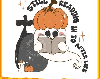 Leuke lezende geest nog steeds aan het lezen in het hiernamaals SVG, Ghost Reading SVG, perfect voor Halloween!, Bookish Ghost SVG, sticker, tshirts