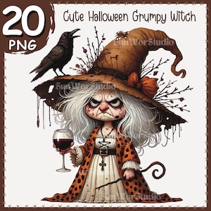 Halloween Grumpy Witch Clipart: Gruselige digitale Kunst (PNG/PDF)
