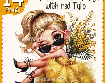 Clipart PNG de Chica Mimosa: Día de la Mujer Imprimible (Descarga Digital)