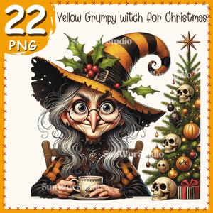 Könnte beinhalten: Illustration einer gelben Hexe mit einem schwarz-orange gestreiften Hut, die eine Teetasse hält. Rechts befindet sich ein Weihnachtsbaum, der mit Totenköpfen und Ornamenten geschmückt ist. Der Text lautet "Yellow Grumpy witch for Christmas".