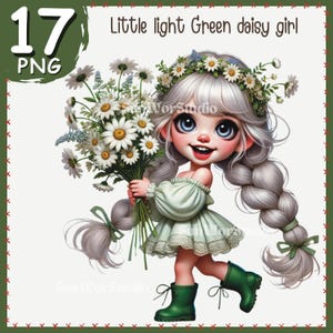 Little light Green daisy girl clipart Png, Spring Girl, little girl With Flowers, Spring Creations - Commercial Use, little girl for kids
