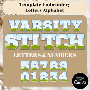 This Varsity Stitch Embroidery Letters & Numbers Alphabet Template offers a fully editable Canva design, perfect for personalizing