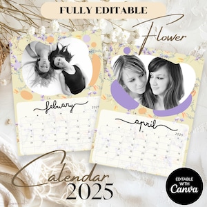 Editable 2025 Photo Calendar Template I Custom  Design for Canva I Mini Calendar 2025 l Editable Floral 2025 Calendar Custom Photo Gift