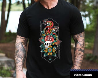 Camiseta com tatuagem de caveira e cobra: camiseta estilo retrô vintage