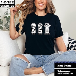 Rock Paper Scissors Cat Paws, Hand Game, Cat Lover. Rock Paper Scissors Shirt. Funny Cat Lover. Unisex Jersey Short Sleeve Tee.
