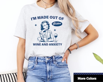Funny Cat T-Shirt: Glitter Wine & Anxiety - Women's Humor