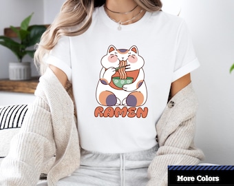 Camiseta unisex con lindo gato comiendo ramen, divertida camiseta de animal, regalo para amantes de los gatos, camiseta de gato con fideos, camiseta de gato con ramen, regalo para amantes de los gatos, camiseta para amantes de los gatos