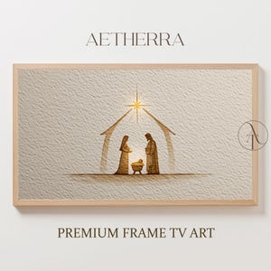 Puede incluir: Una obra de arte enmarcada con una escena de la Natividad minimalista. La imagen representa a María, José y el niño Jesús bajo un establo estilizado, con una estrella brillante encima. La obra está sobre un fondo texturizado blanquecino, con el texto "AETHERRA" y "PREMIUM FRAME TV ART".
