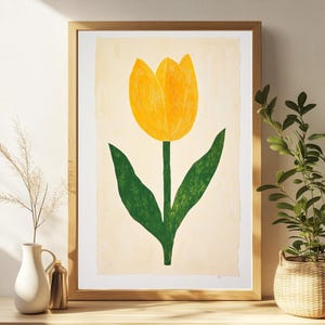 Arte mural de tulipanes amarillos, estampado floral, decoración botánica, obra de arte primaveral, ilustración floral, decoración moderna del hogar, idea de regalo