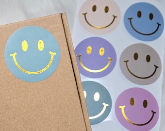 Pegatinas de regalo premium - Pegatinas de caritas sonrientes XL (5 cm) con relieve dorado brillante – para clientes, agradecimientos, envoltura de regalos y manualidades.