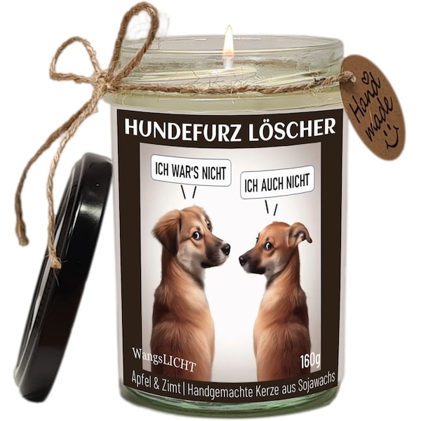 Hundefurz Löscher, Tierzauber Duftkerze mit Hunde-Comic-Motiv, Geschenk für Hundeliebhaber, Handgemacht aus Sojawachs, Geschenkverpackung