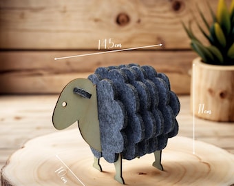 Wollschaf Filz-Coaster Set - 6 Puzzle Untersetzer mit Holzständer & nachhaltigem Geschenkbox, Lustige Tischdeko für Zuhause, Büro
