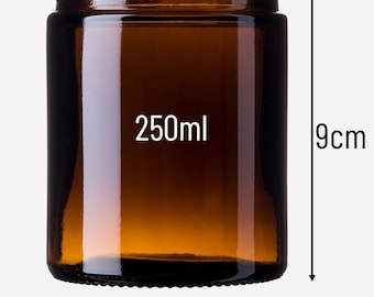 Stock restante: 50 frascos nuevos de vidrio marrón de 250 ml con tapa. Recipientes reutilizables de vidrio ámbar (7 × 9 cm).