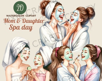 Watercolor Mom and Daughter Spa Day Clipart Bundle (PNG Digital Download)