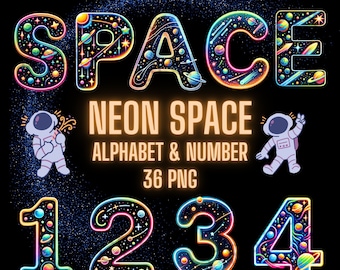 Neon Space Alphabet PNG: Galaxy Letters & Numbers (Digital Download)