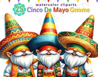 Cinco De Mayo Gnomes PNG: Mexican Sombrero Watercolor Clipart (Digital Download)