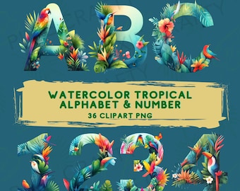 Watercolor Tropical alphabet, floral letters clip art, letters png, summer font, wedding invitation, Sublimation Design, card making