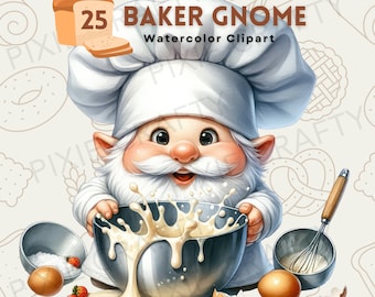 Watercolor Baker Gnome Clipart: Pastry Chef, Baked with Love (PNG Digital Download)