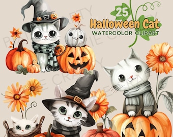 Halloween Cats Watercolor Clipart: Spooky Pumpkins, Witch Hats (Digital Download)