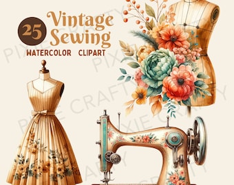 Watercolor Sewing Clipart: Floral Sewing Machine, Vintage Elements, Quilting PNG (Digital Download)