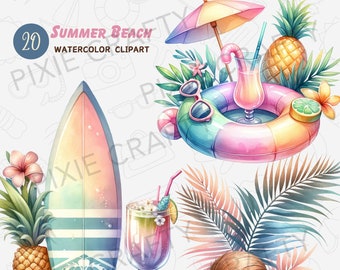 May include: A set of 20 watercolor clipart images featuring summer beach themes. The images include a surfboard, sunglasses, a pineapple, a coconut, a cocktail, a beach umbrella, a life preserver, and tropical flowers.