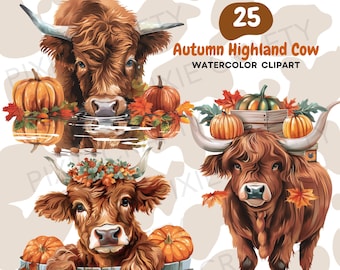 Watercolor Fall Highland Cow Clipart: Pumpkin Autumn Leaves (PNG)
