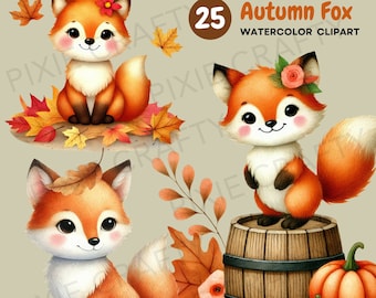 Watercolor Autumn Fox Clipart: Woodland Animals PNG (Digital Download)