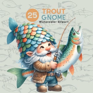 Gnomo trucha acuarela clipart, trucha clipart, gnomo de pesca, gnomo de sombrero de escamas de pescado, PNG de alta calidad, descarga digital, decoración de vivero