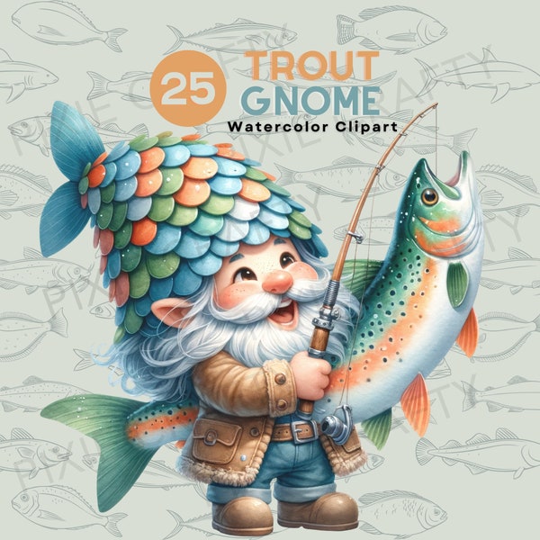 Gnome Trout Watercolor Clipart , Trout Clipart, Fishing Gnome, Fish Scales Hat Gnome, High-Quality PNG, Digital Download, Nursery décor