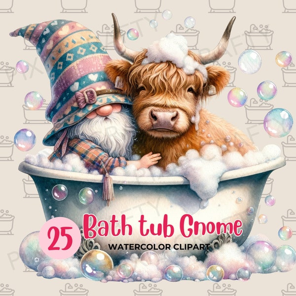 Bath Tub Gnomes Clipart, Watercolor Gnome PNG, Bathtub Bubble Soap Watercolor, Bubble Bath, duck, highland cow, Sublimation, Card Making