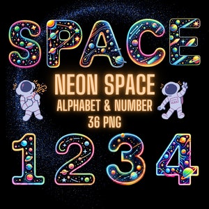 Neon Space Alphabet, Watercolor alphabet PNG, Glowing Galaxy PNG, Neon number, Outer Space Letters, Neon Letters, A-Z,0-9, digital download,