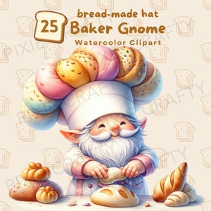 Aquarel Baker Gnome, Pastry Chef Gnome clipart, Chef Gnome, broodgemaakte hoed Gnome, Gnome clipart, Junk Journal, Scrapbooking, digitaal bestand