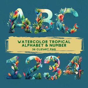 Alfabeto tropical en acuarela, clip art de letras florales, letras png, fuente de verano, invitación de boda, diseño de sublimación, fabricación de tarjetas