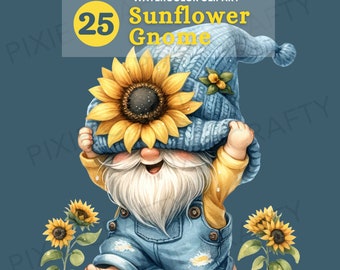 Watercolor Sunflower Gnome Clipart: Spring PNG Images (Digital Download)