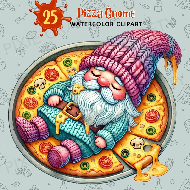 Watercolor Pizza Gnome PNG Clipart: Foodie Art, Nursery Decor, (digital ...