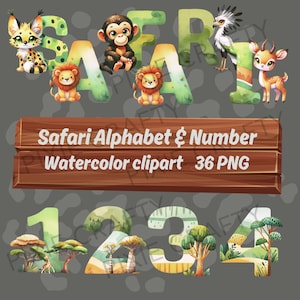 acuarela Safari Alphabet, Safari Font, Jungle Letters PNG, Cute Animal Clipart, baby shower, decoración de guardería, nombres de bebés, imágenes prediseñadas de guardería