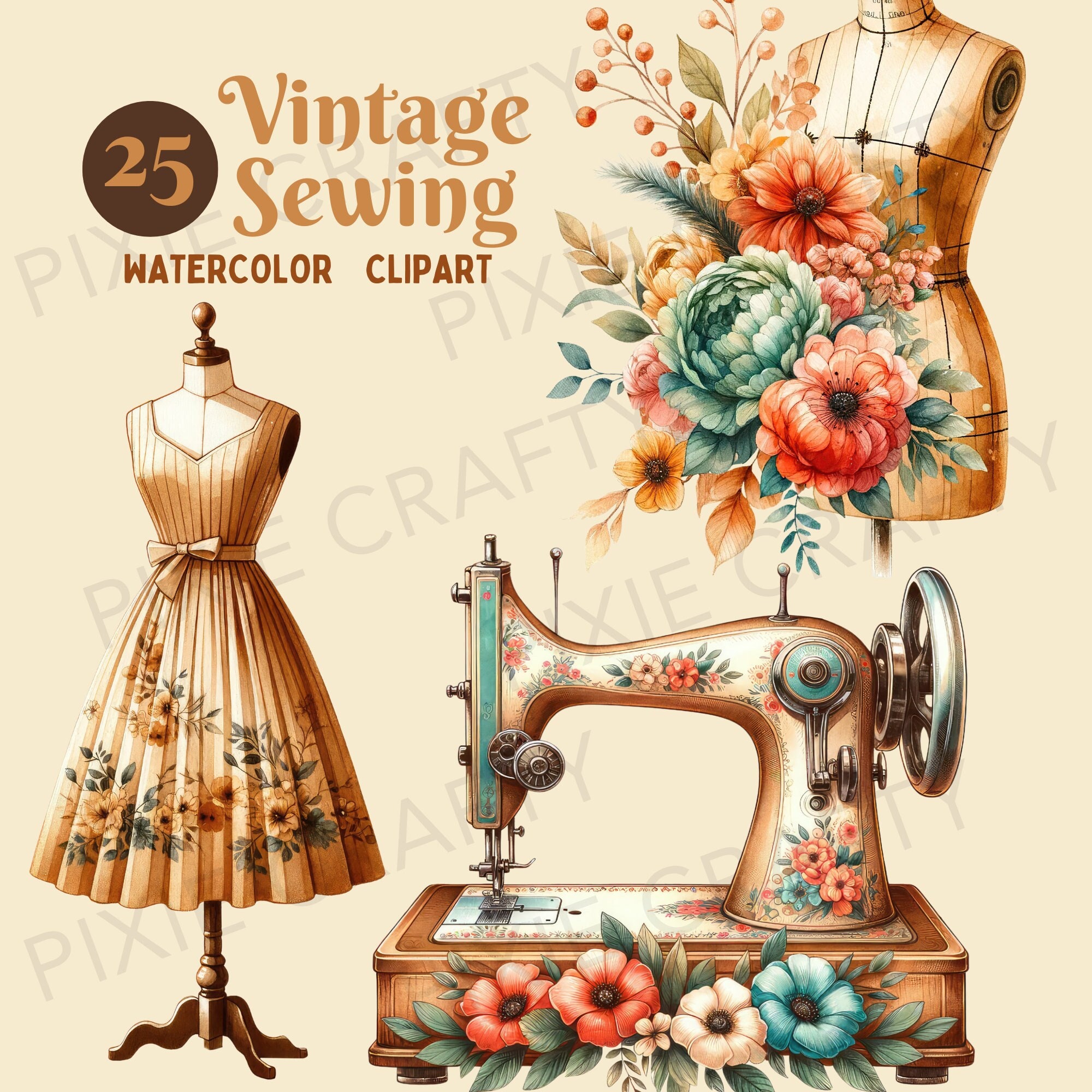 Watercolor Sewing Clipart, Floral Sewing Machine, Vintage Clipart ...