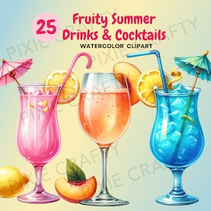 Fruitige zomerdrankjes, aquarel zomerdrankjes, tropische cocktail clipart, aquarel tropisch drankje, fruitdrankjes clipart, zomercocktail