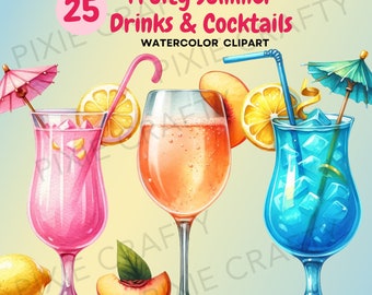 Watercolor Summer Drinks Clipart: Tropical Cocktails (PNG, 4096x4096 px)