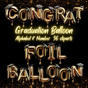 Gradmesser Folienballon ClipArt, Alphabet und Zahl Folienballon, Schwarz & Gold Ballon PNG, Glückwunsch Folienballon, Sofort Download