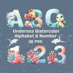 海底水彩アルファベット、海底数字、海底文字クリップアート、赤ちゃんの壁アート、かわいい海の動物 PNG、ベビーシャワー、保育園の装飾