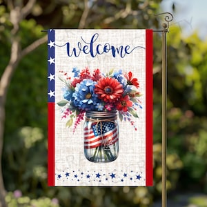 Bandiera da giardino per il giorno dell&#39;indipendenza del 4 luglio, indipendenza americana, decorazioni da giardino per il 4 luglio, bandiera da giardino in barattolo di vetro, design di benvenuto a sublimazione